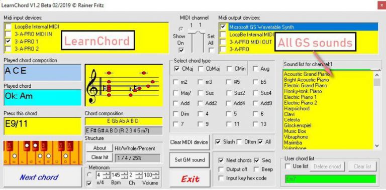 LearnChordV1.3B:  User definierter GS Sounds bei der Verwendung der "Microsoft GS Wavetable Synth" .