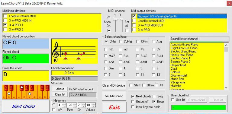 Sound Auswahl bei der Verwendung der "Microsoft GS Wavetable Synth" Schnittstelle.