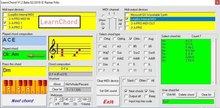 LearnChord: Weiterleitung an ein Externes Klangerzeugungs- Programm mittels MIDI Thru.